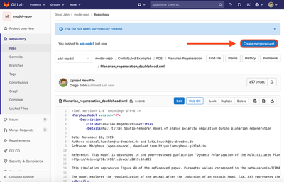 Screenshot of the model repository webpage on GitLab with the ‘Create merge request’ button highlighted