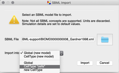 Open the SBML model into the `CellType` ‘cells’ of the existing model.