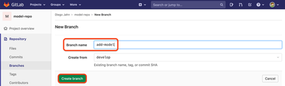 Screenshot of the model repository webpage on GitLab with the ‘Branch name’ field and the ‘Create branch’ button highlighted