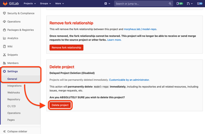 Screenshot of the fork repository settings site on GitLab with the ‘Delete’ button highlighted