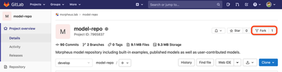 Screenshot of the model repository webpage on GitLab with the &quot;Fork&quot; button highlighted