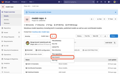Screenshot of the model repository webpage on GitLab with the ‘+’ and ‘New branch’ buttons highlighted