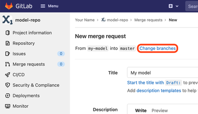 Screenshot of GitLab's ‘New merge request’ page with the ‘Change branches’ link highlighted