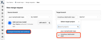 Screenshot of GitLab's ‘Source’ and ‘Target branch’ settings page for merge requests with the project ‘morpheus.lab/model-repo’ and the button ‘Compare branches and continue’ highlighted