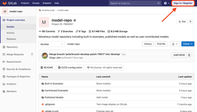 Screenshot of the model repository webpage on GitLab with the ‘Sign in / Register’ button on the top right highlighted