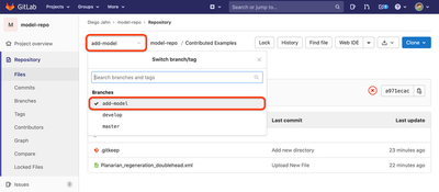 Screenshot of the model repository webpage on GitLab with the ‘Switch branch/tag’ drop-down menu and the ‘add model’ branch highlighted