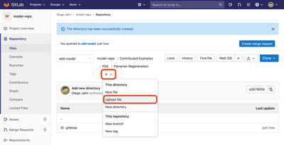 Screenshot of the model repository webpage on GitLab with the ‘+’ and ‘Upload file’ buttons highlighted