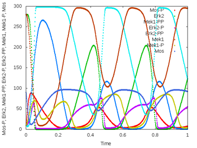 Time plots of oscillations in MAPK signaling (Kholodenko, 2000).