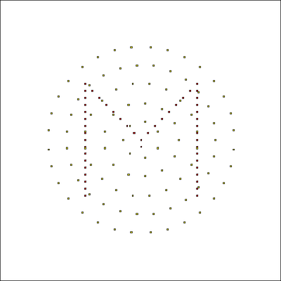 Snapshot at time=0 with the loaded single nodes forming an M for the (red) cell population superimposed on another randomly placed set of nodes for the (yellow) cell population.