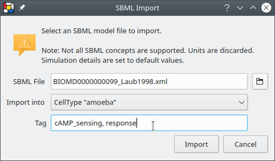 All model elements of a submodel imported from an SBML file can be tagged by existing and/or new tags (comma-separated words).