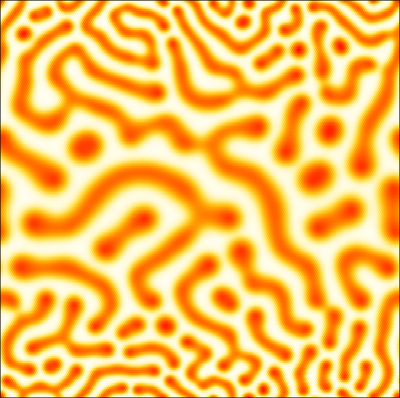 Turing model effected by heterogeneous diffusion. Diffusion rates of both, the activator and the inhibitor, increase towards the center of the y-axis and thus give rise to an increased size of spatial structures.